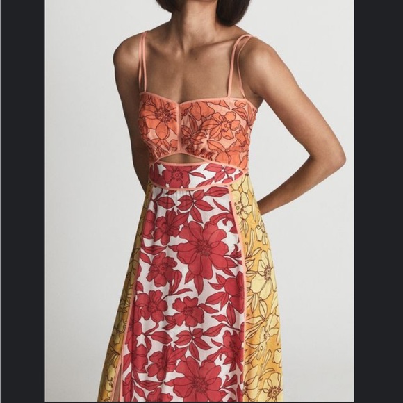 Reiss Isla Cut Out Dress - Size 6 - Floral Red Orange Yellow - Picture 4 of 10